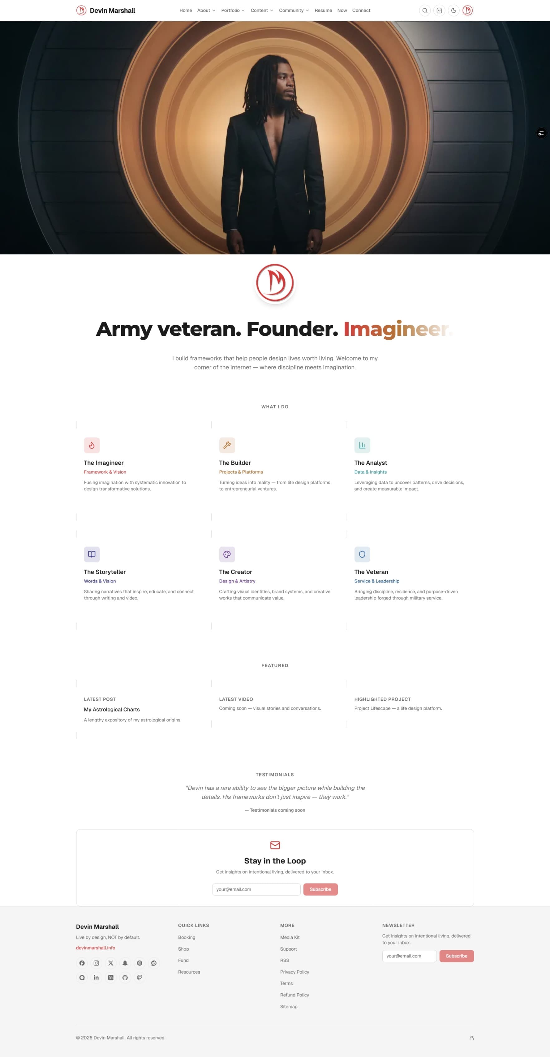Social preview image for the DevinMarshall.info repository, a Next.js personal brand platform with publishing, commerce, and admin tooling.